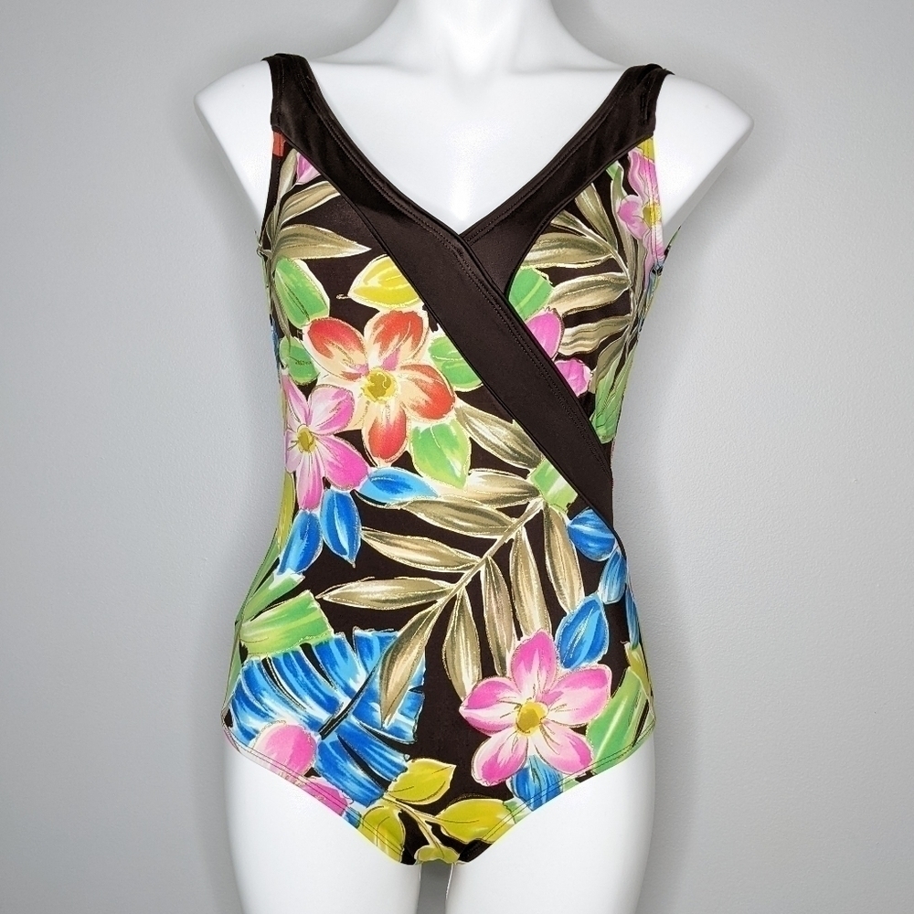 ✨3/$15 Vintage Roxanne brown colorful tropical floral swimsuit 8/32C